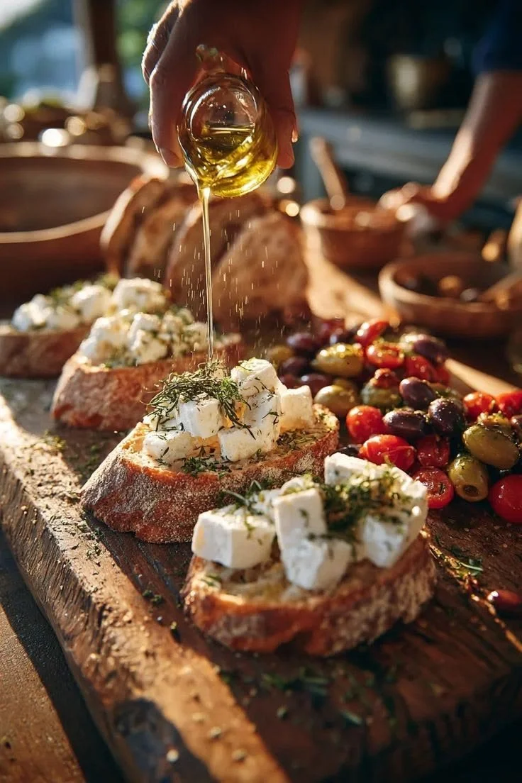Person pouring olive oil on slices of bread topped with cheese and herbs, with a side of mixed olives in the background.