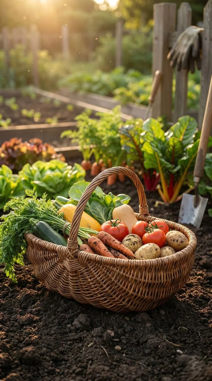 A basket of freshly harvested vegetables, including tomatoes, potatoes, carrots, zucchini, and leafy greens, sitting on dark soil in a garden at sunset, with gardening tools hanging on a wooden fence in the background.