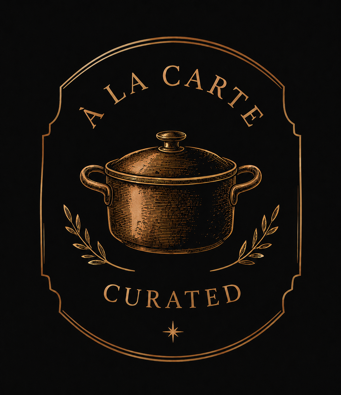 Logo of copper cooking pot and lid with laurel branches underneath and text 'A La Carte' above and 'Curated' below, against a black background.