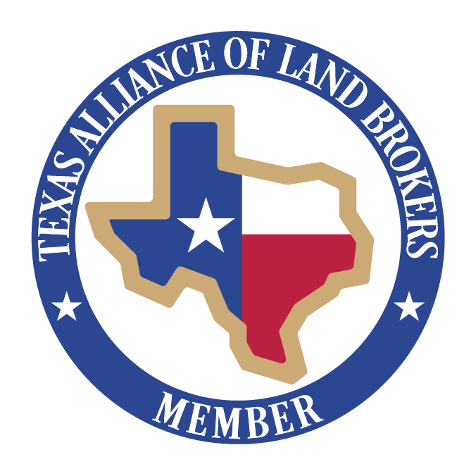 Logo of the Texas Alliance of Land Brokers, showing the outline of Texas filled with the Texas state flag colors, surrounded by a blue circle with white text reading "Texas Alliance of Land Brokers Member" and white stars.