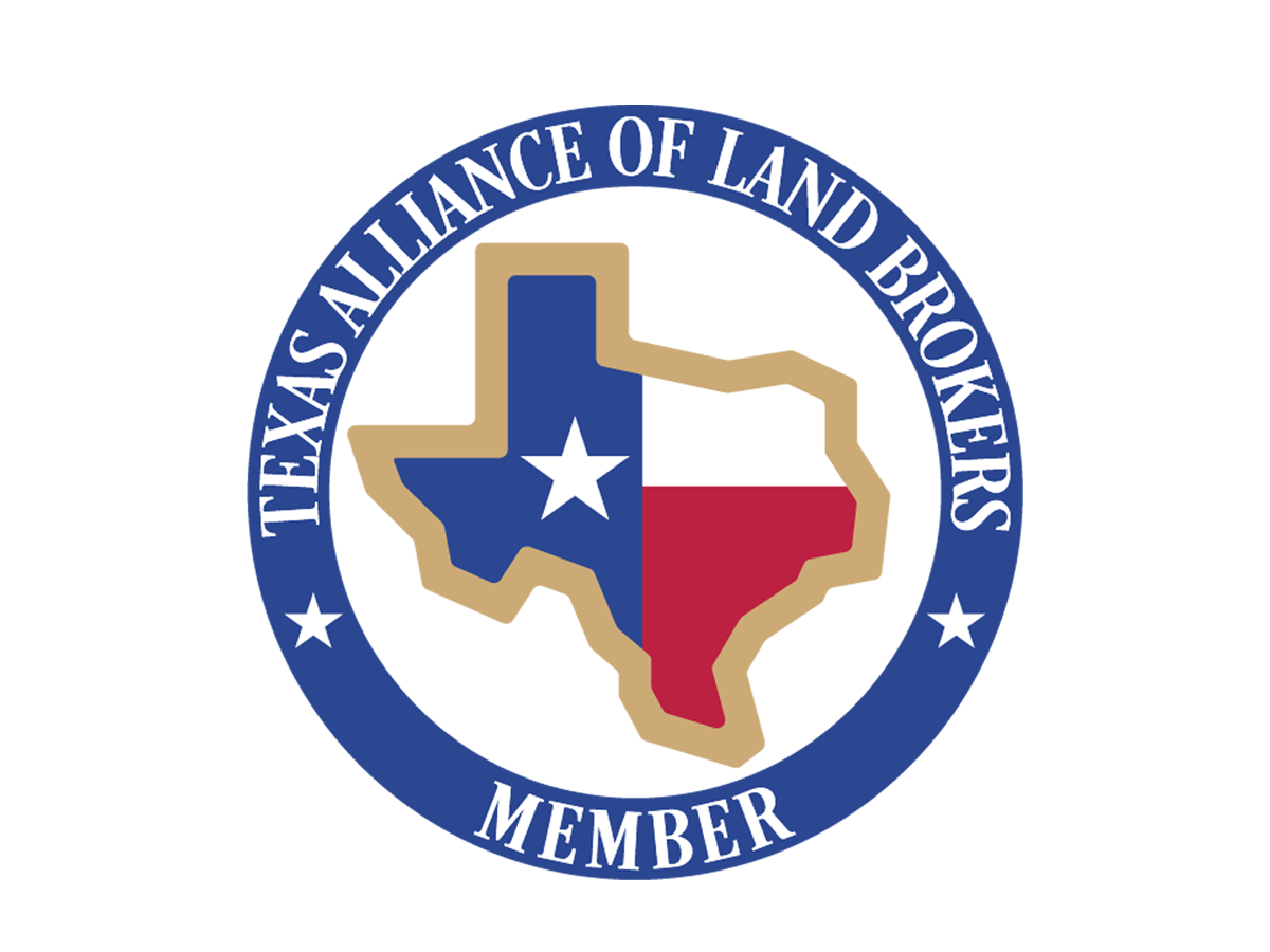 Seal of the Texas Alliance of Land Brokers, featuring the outline of Texas with the Texas flag's colors, and a blue border with white text that reads 'Texas Alliance of Land Brokers Member' and white stars.