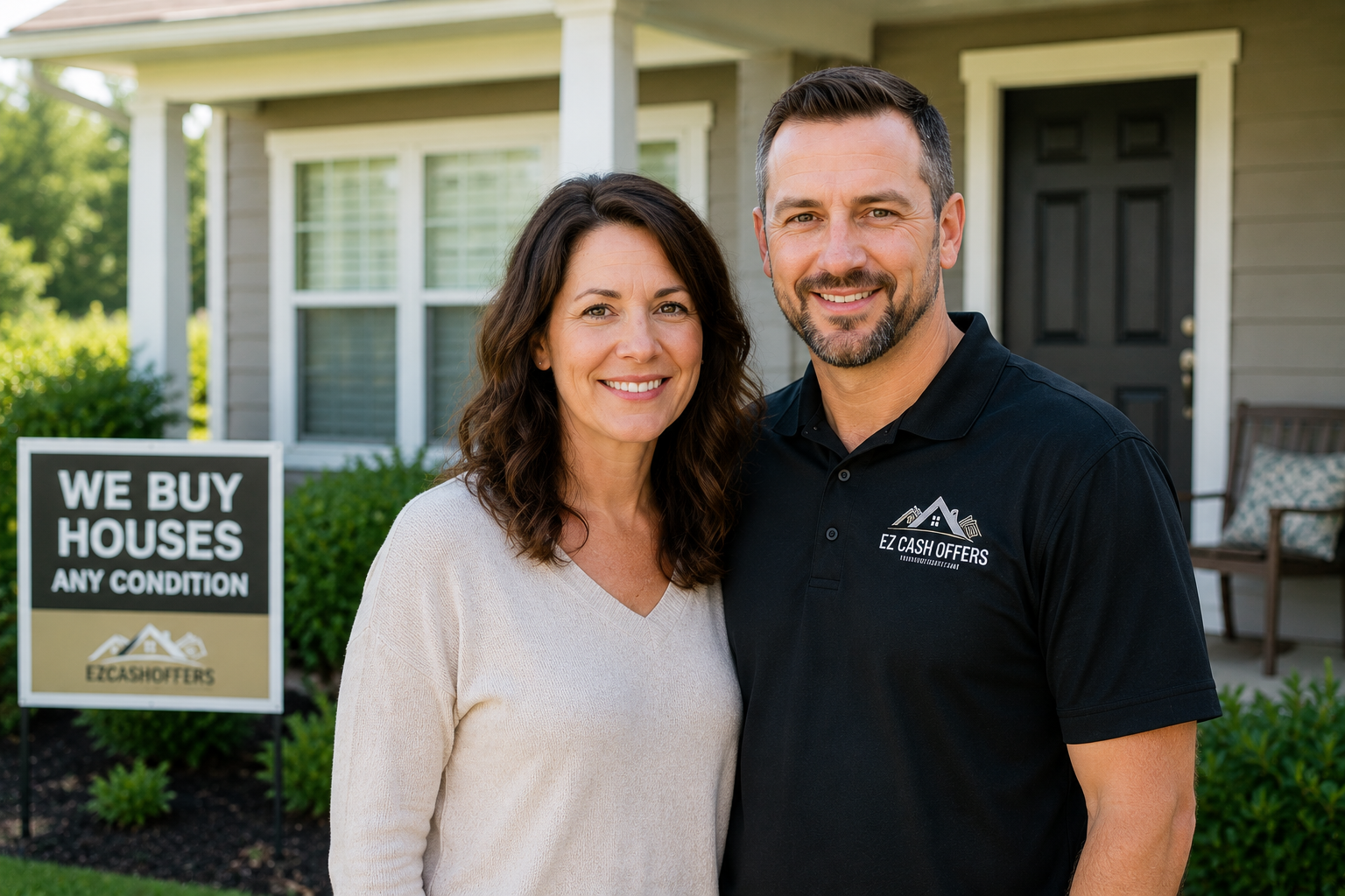A smiling couple standing outside a house with a sign that says they buy houses in any condition. The man is wearing a black EZ Cash Offers polo shirt, and the woman is wearing a light-colored sweater.