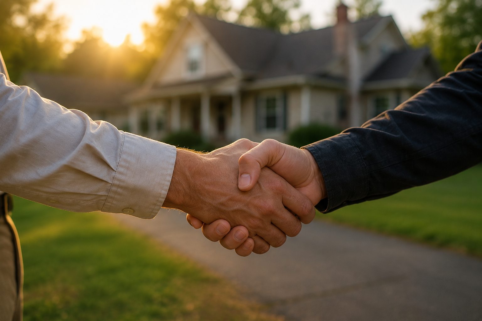 Two people shaking hands in front of a house at sunset.