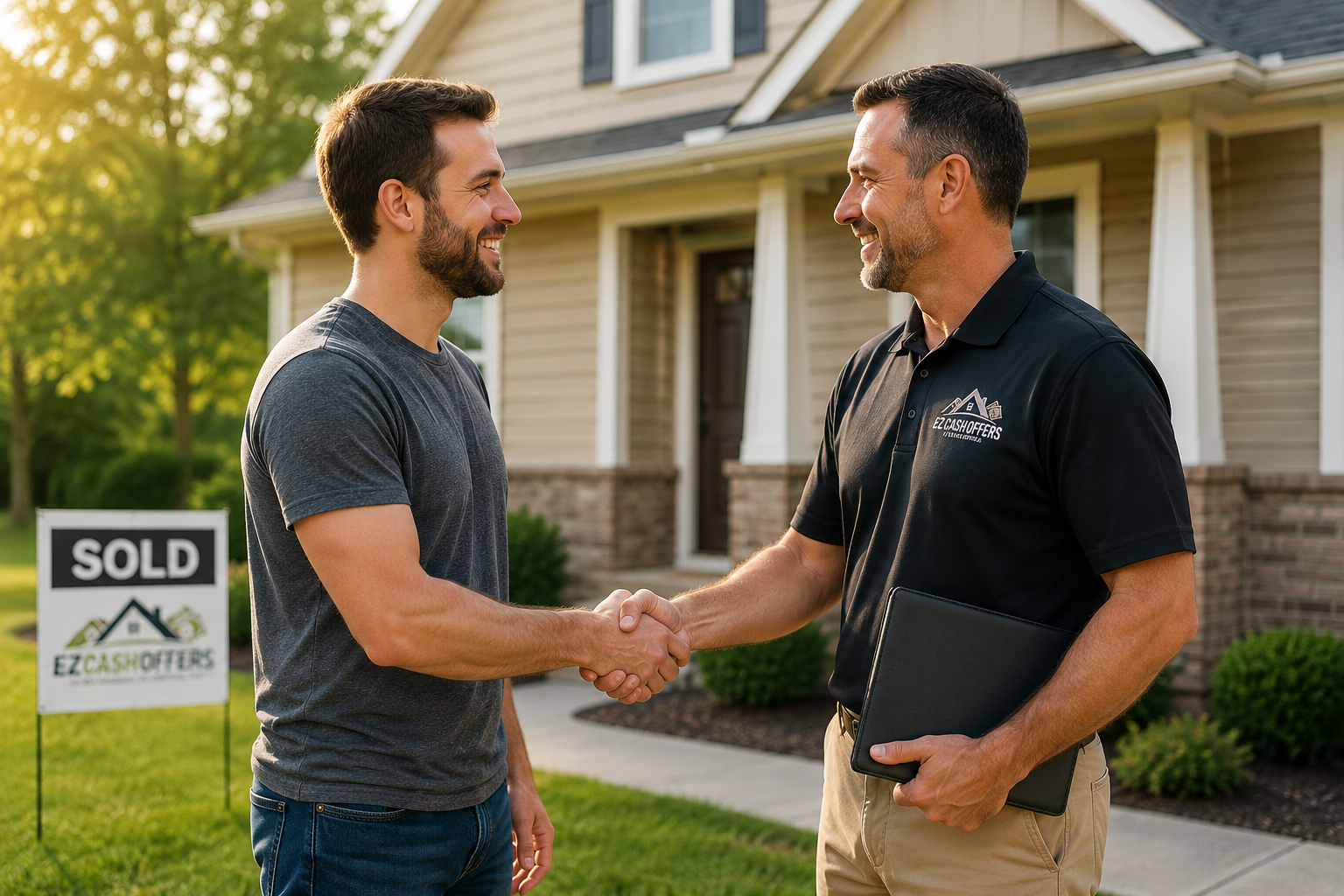 A young man shaking hands with a real estate agent in front of a house with a 'Sold' sign. The scene is outdoors with greenery and a house in the background, and both individuals are smiling.