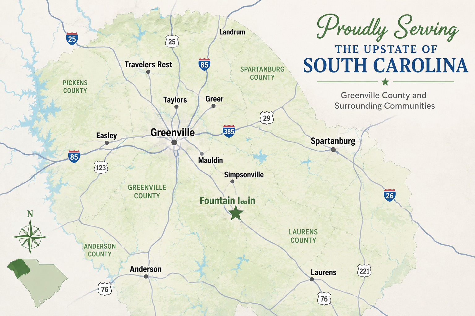 Map of Greenville County, South Carolina, highlighting the city of Greenville and surrounding communities, with major roads, lakes, and neighboring counties including Pickens, Spartanburg, Laurens, and Anderson.