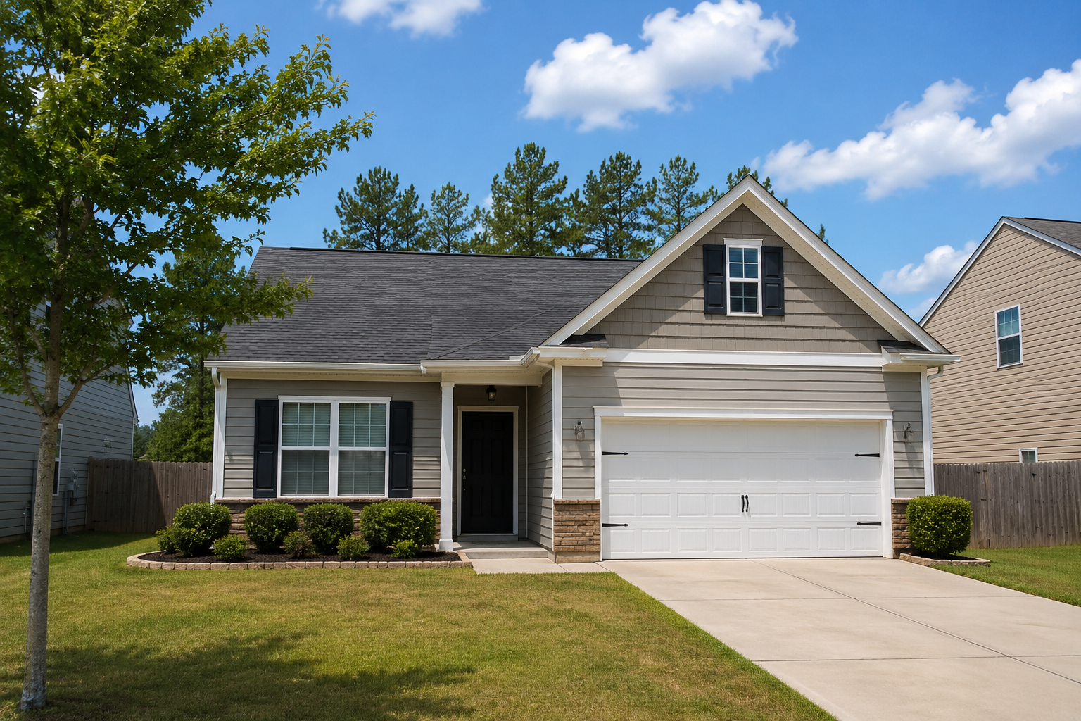Front view of a suburban house with a driveway, manicured lawn, trees, bushes, and a clear blue sky.