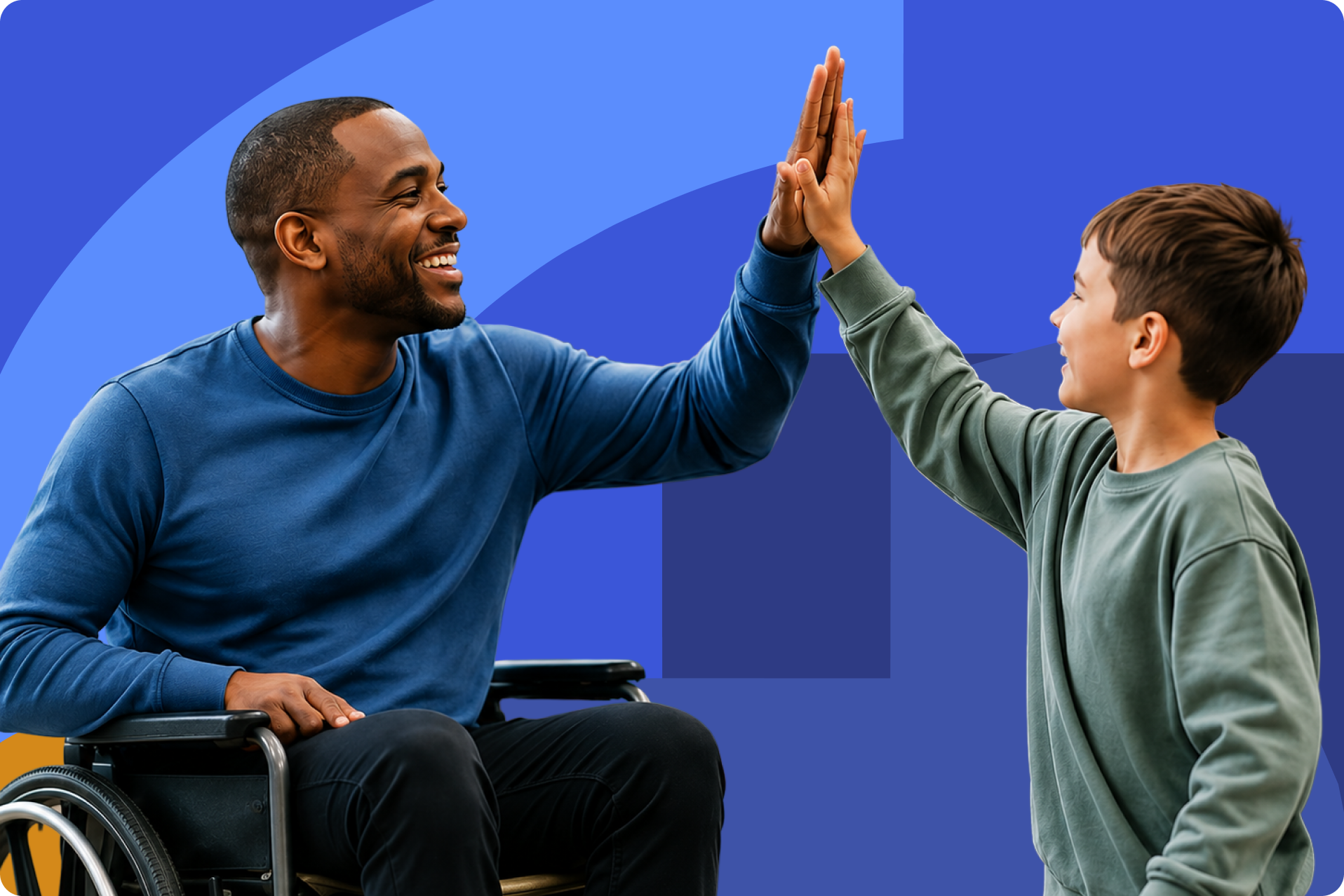 Adult wheelchair user and child sharing a high-five, representing community partnership, inclusion, and disability support.
