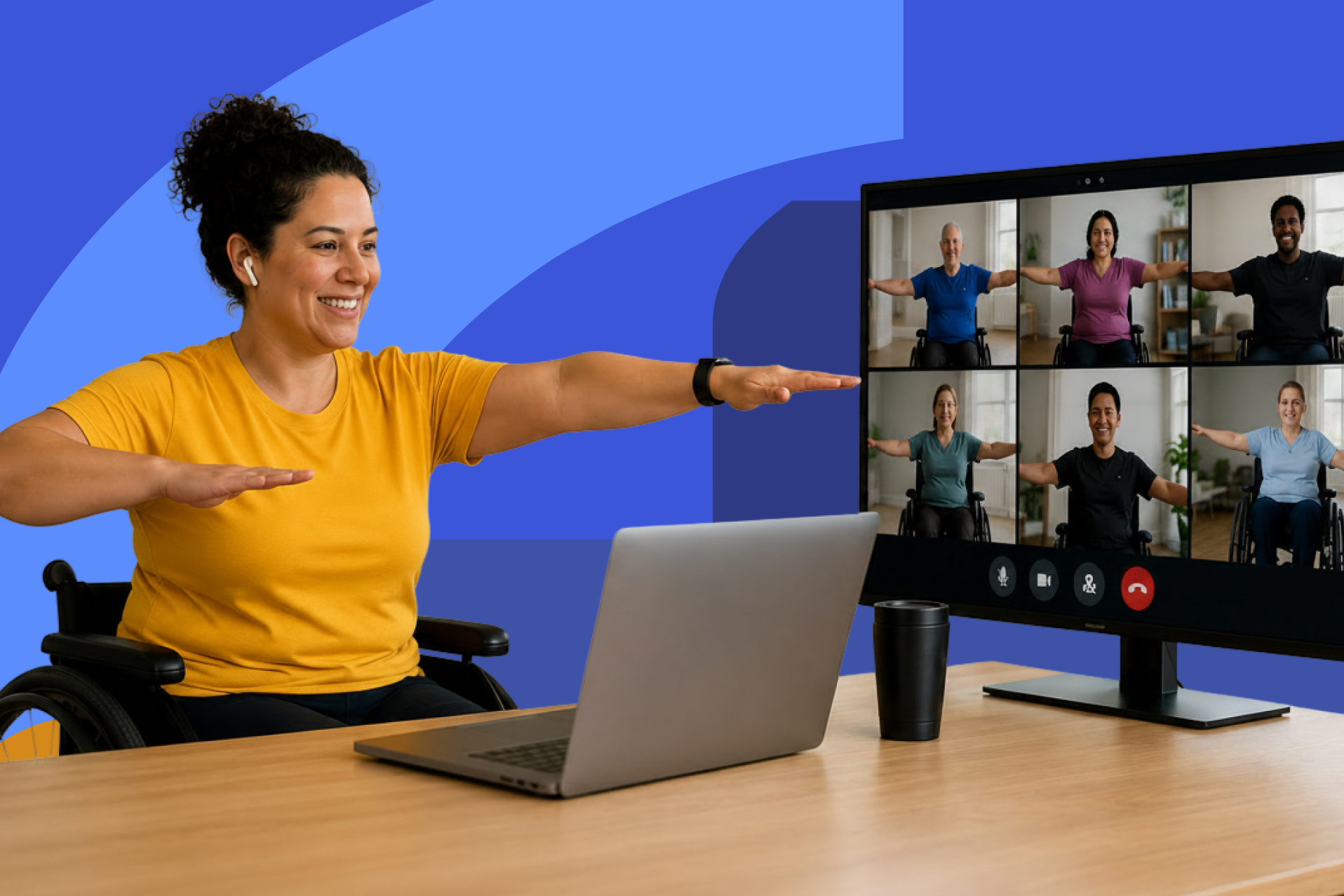 Adaptive fitness instructor teaching an inclusive virtual exercise class for people with disabilities using a laptop and video conferencing.