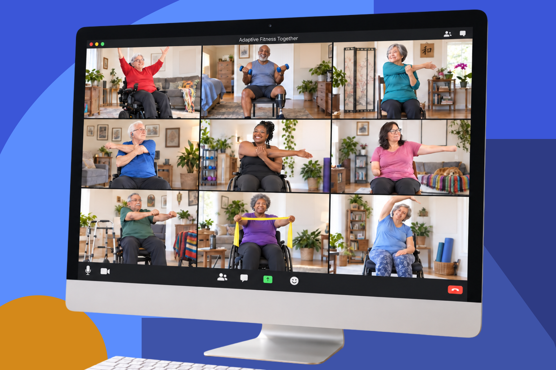 Computer monitor displaying a virtual adaptive fitness class with nine older adults, including wheelchair users and a participant with a prosthetic leg, exercising from home.