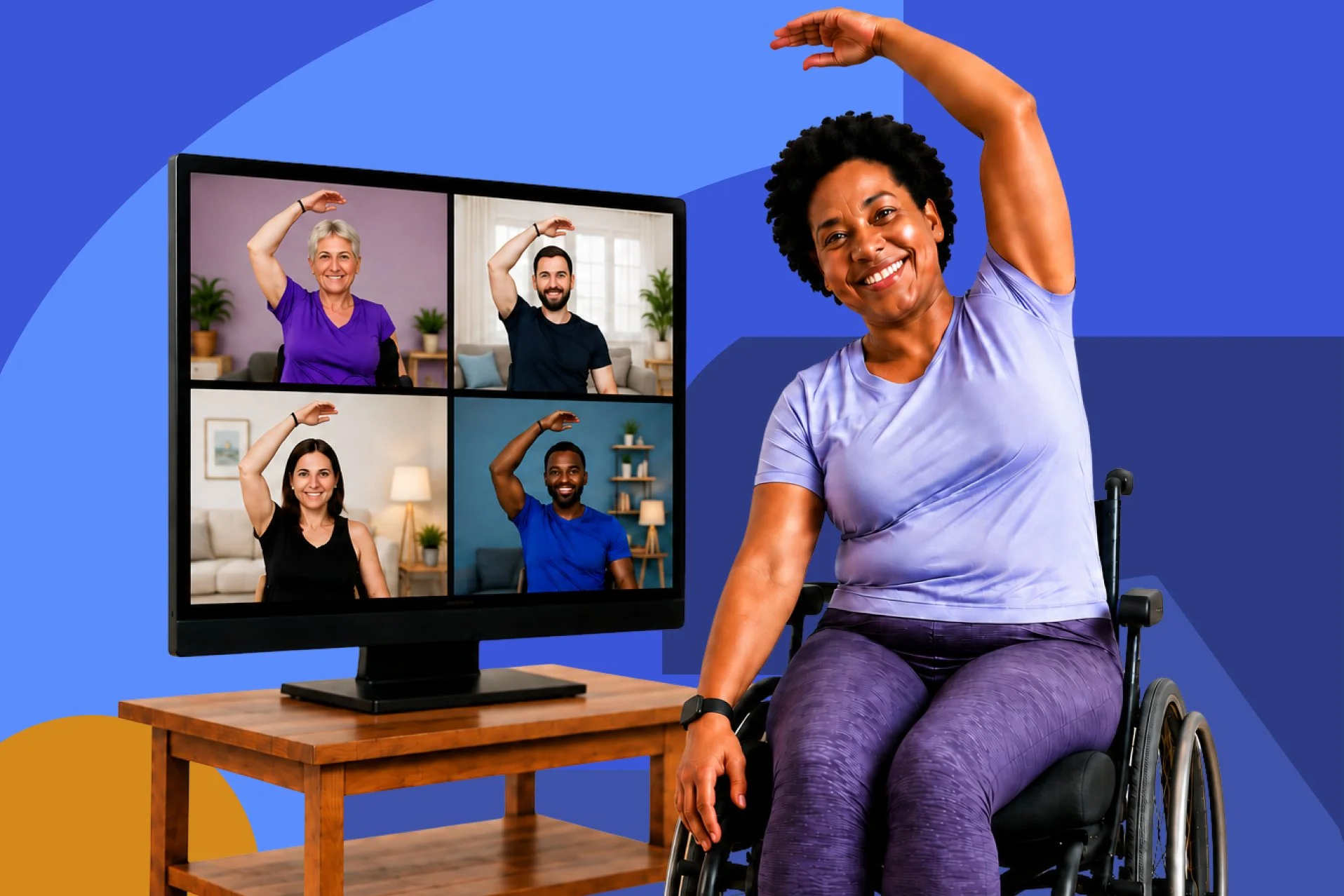 Adults with disabilities participating in a virtual adaptive wellness class offered by Disability Partnerships.