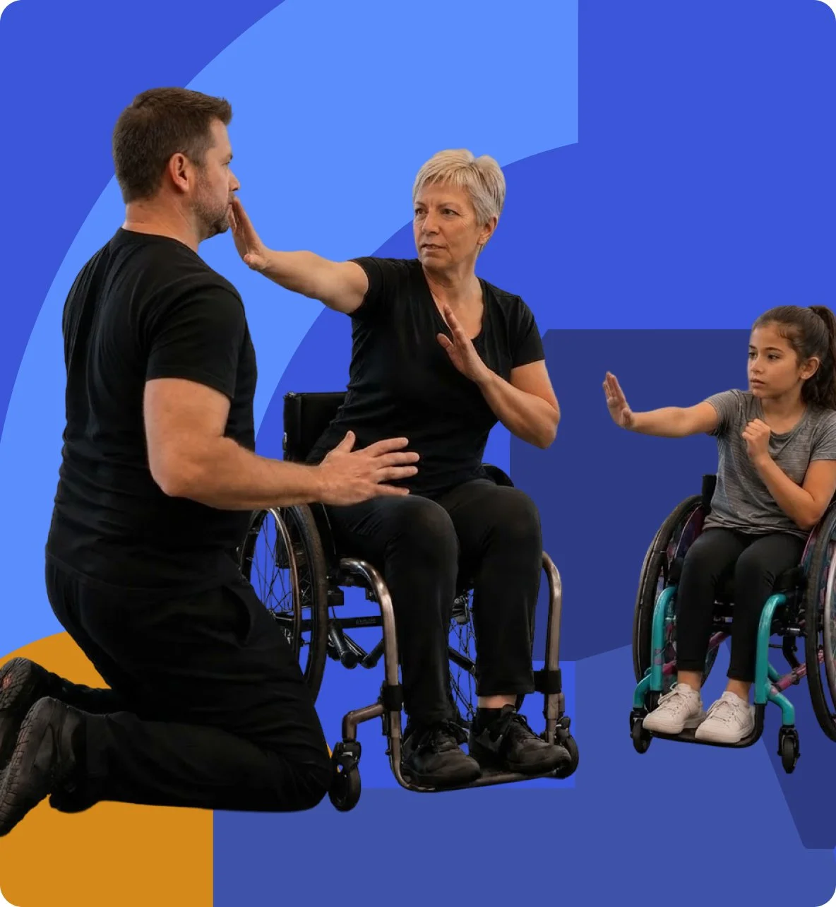 An adult and child who use wheelchairs practice self-defense techniques with an instructor.