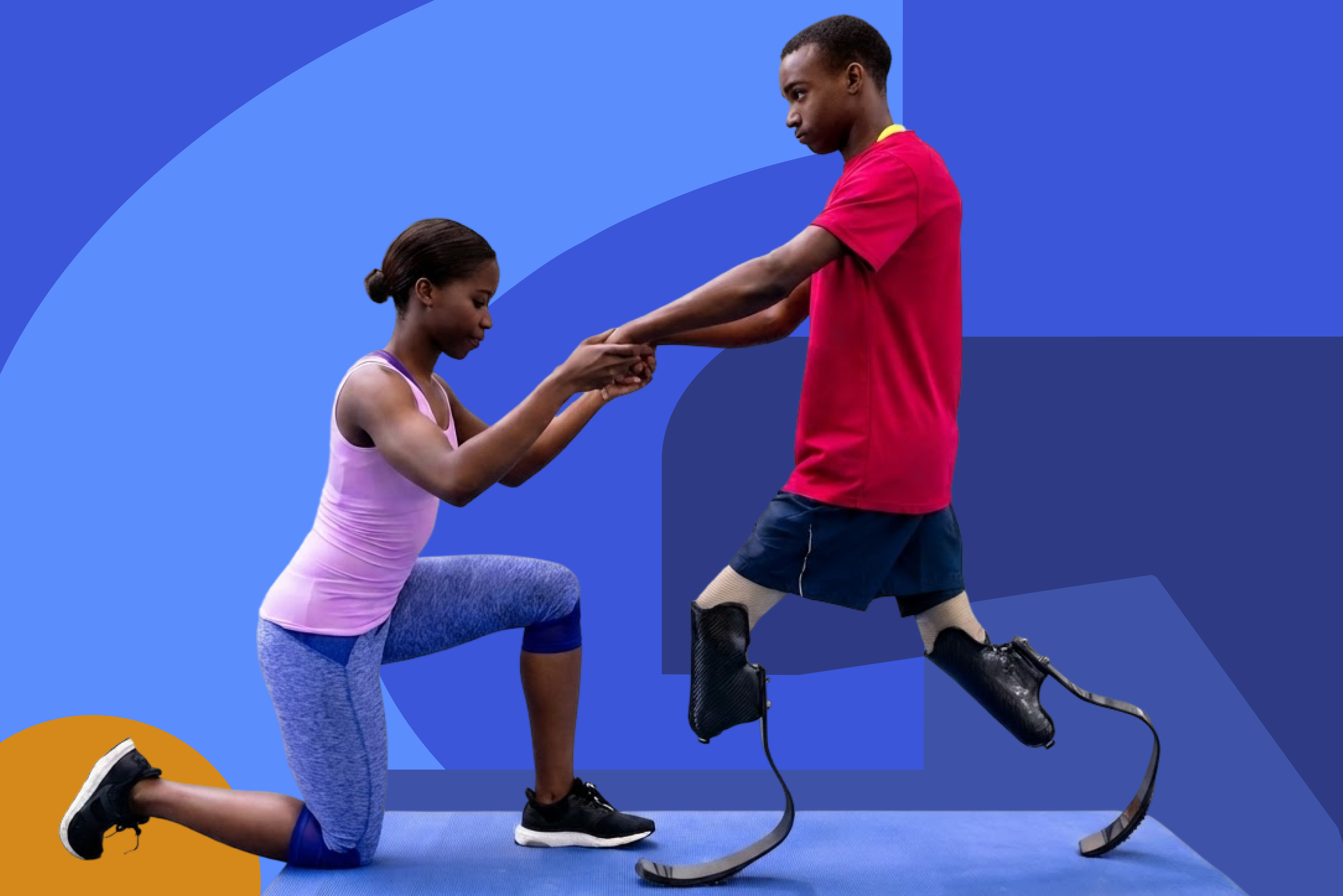 Young athlete with bilateral running prosthetic legs practices balance and movement while holding hands with an instructor during an adaptive fitness session.