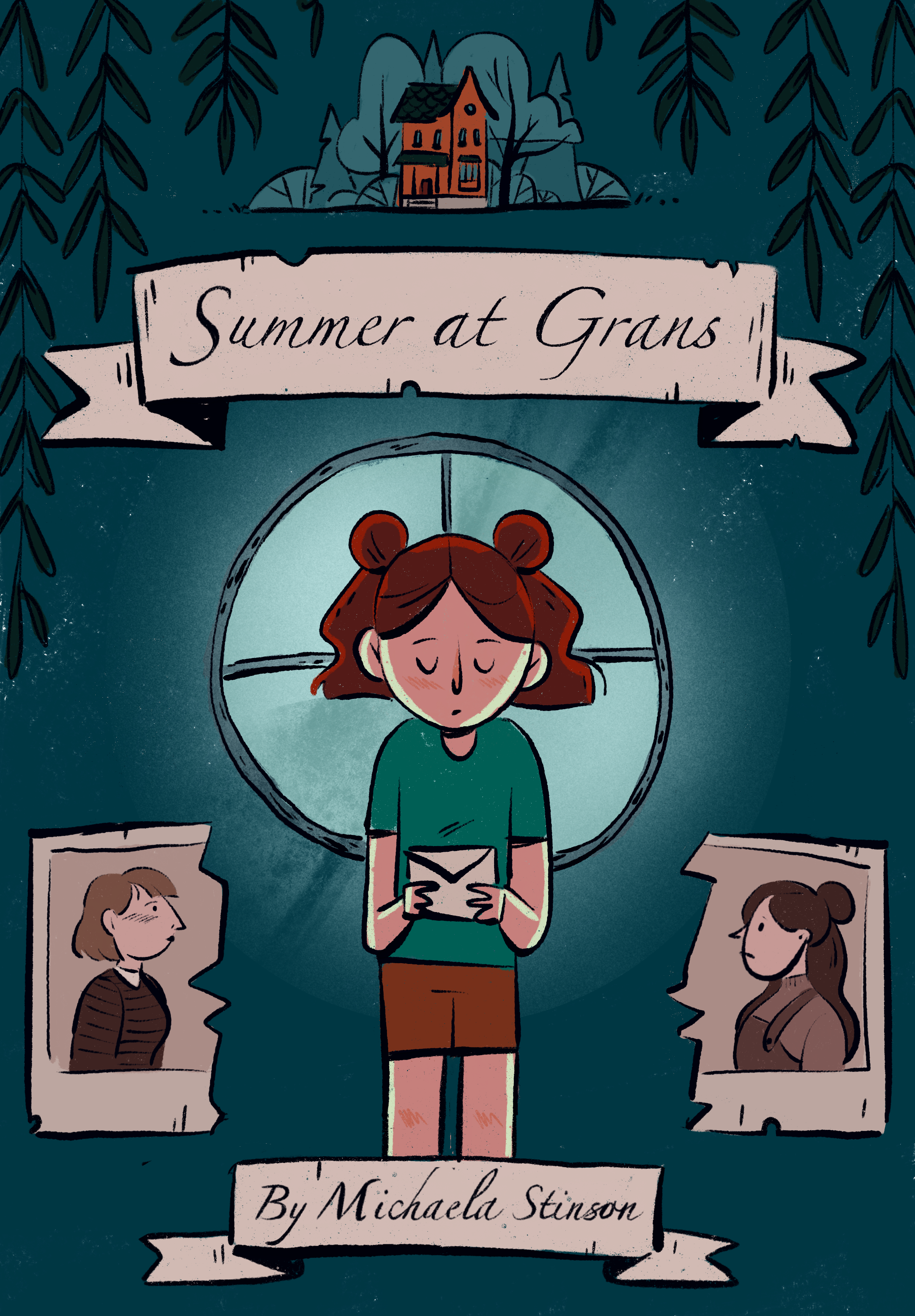 Illustration of a girl with red hair and a green shirt looking at her phone, surrounded by pictures of two women, and a banner reading 'Summer at Grans,' with a small house and trees in the background.
