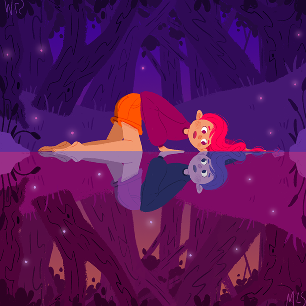 A cartoon girl with pink hair, lying on a reflective water surface in a purple forest at night, with fireflies around her and her reflection visible in the water.