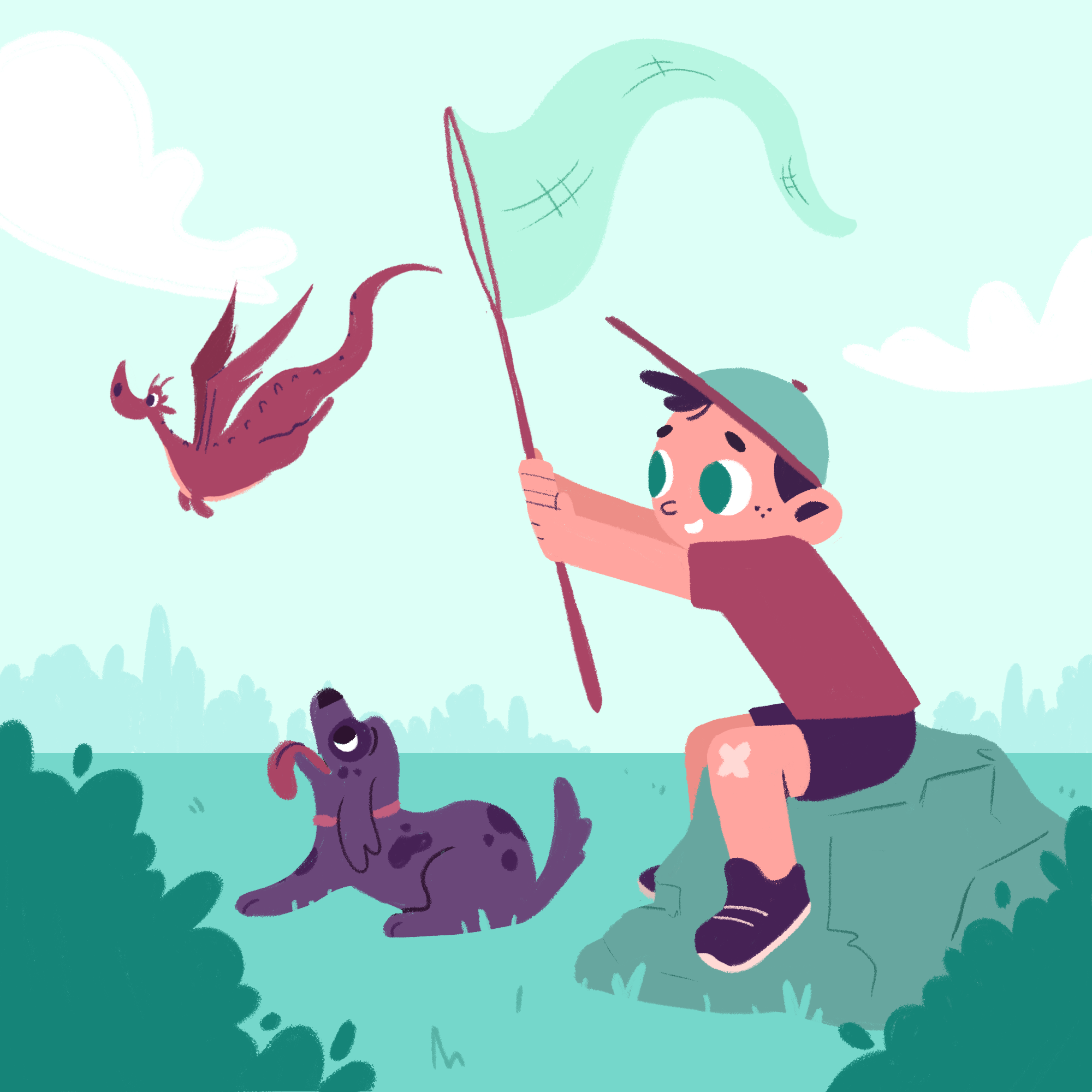 A young girl with a hat sitting outdoors on the grass, looking at a purple dachshund dog with spots, while a dragon-like creature in the sky appears to be flying or aiming at the girl with a spear.