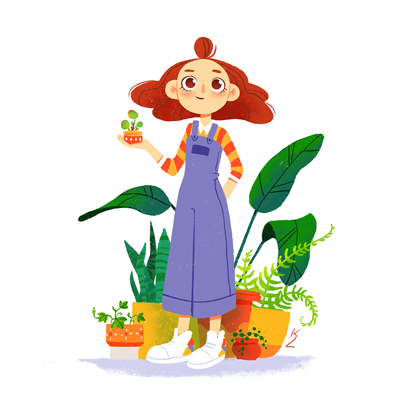 Illustration of a girl with red hair in overalls holding a small potted plant, surrounded by various potted plants on the ground.