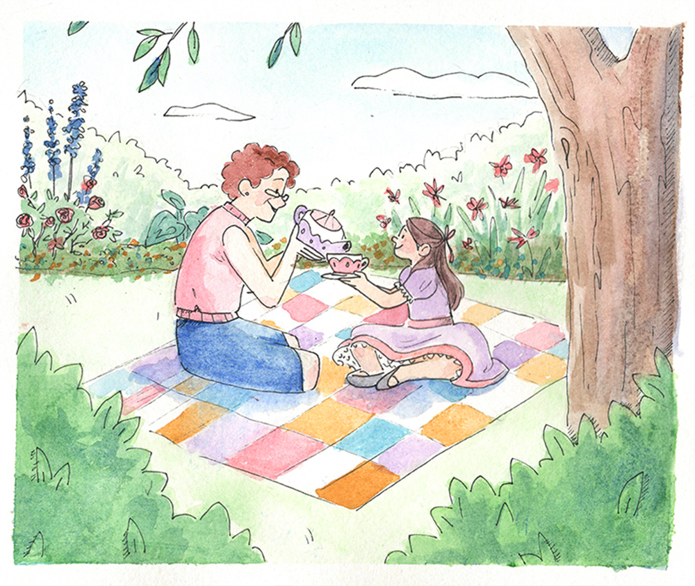 A grandmother and a young girl having a tea party on a colorful blanket outdoors, surrounded by trees and flowers, with a clear sky.