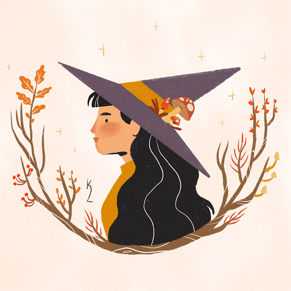 Illustration of a young woman with long black hair, wearing a witch hat decorated with a mushroom, carrot, and leaf, surrounded by autumn-colored branches.