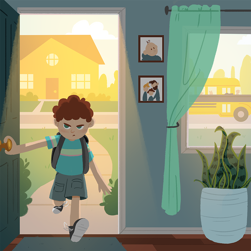 A young boy with curly hair and a school backpack entering a house through an open door, with a school bus and house visible outside in the bright morning.