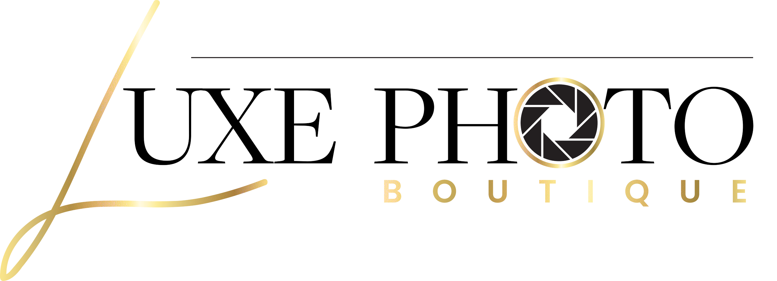 Luxé Photo Boutique logo with black text, a gold camera shutter icon replacing the letter 'O', and gold accents.
