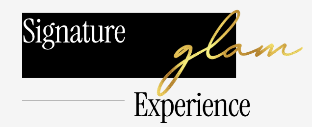 A logo with the words 'Signature glamour Experience' in black, white, and gold, with a stylish script font for 'glam'.