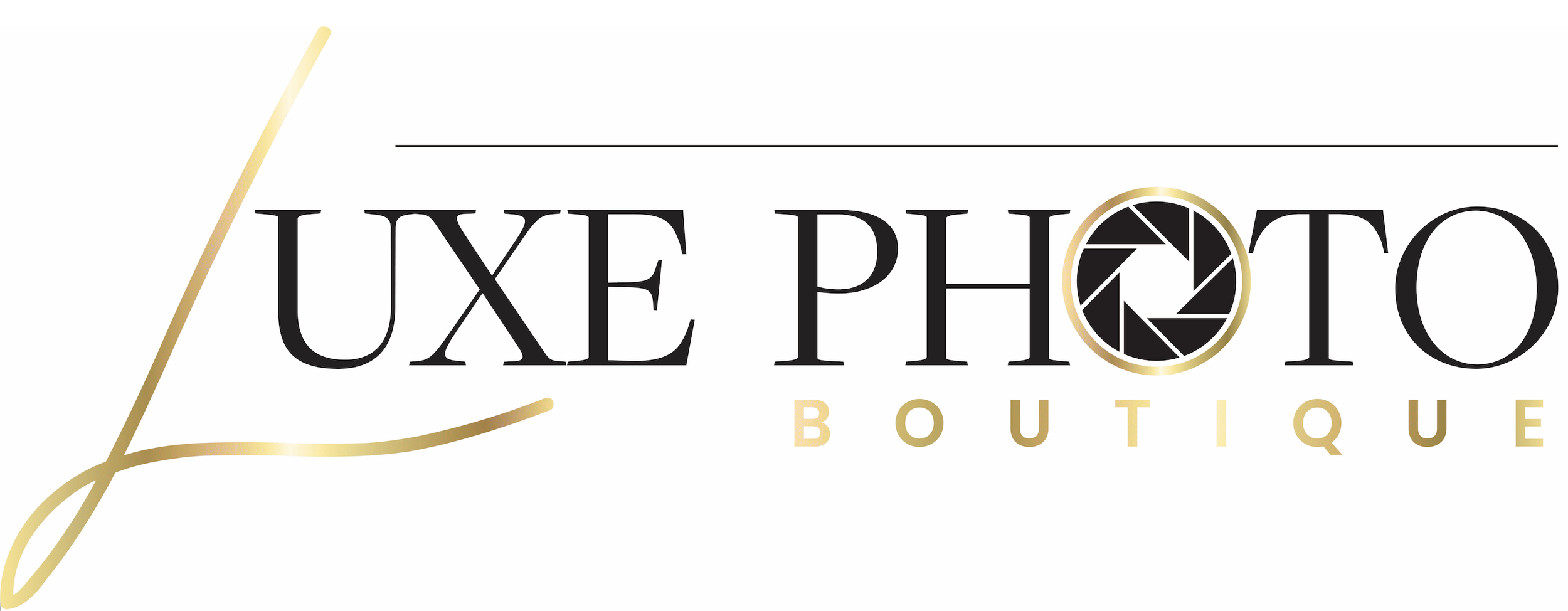 Logo for Luxe Photo Boutique with a gold stylized 'L' and black and gold text, incorporating a camera shutter icon.