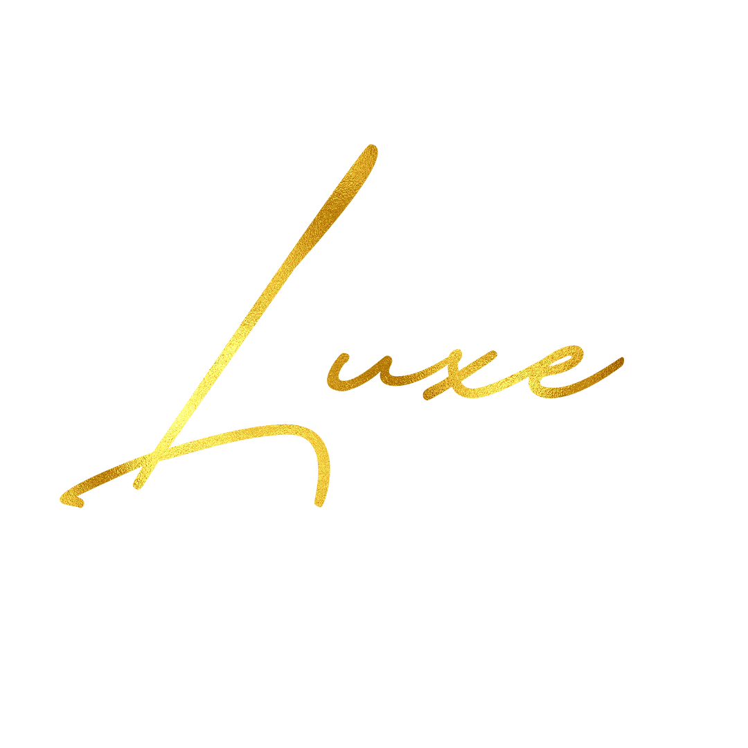 Gold cursive logo with the words 'Luxe' on a black background.