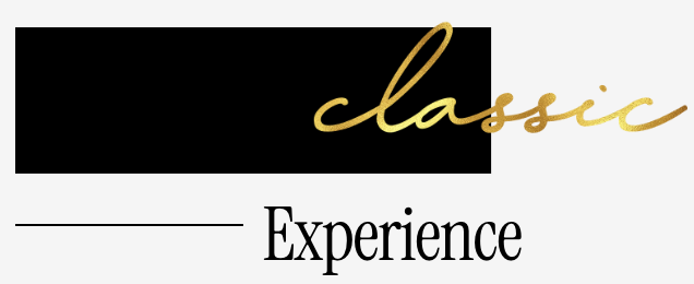 A graphic design with the words 'classic Experience' in a stylish font, featuring a black rectangle with a gold cursive 'classic' and underneath the word 'Experience' in black serif font.