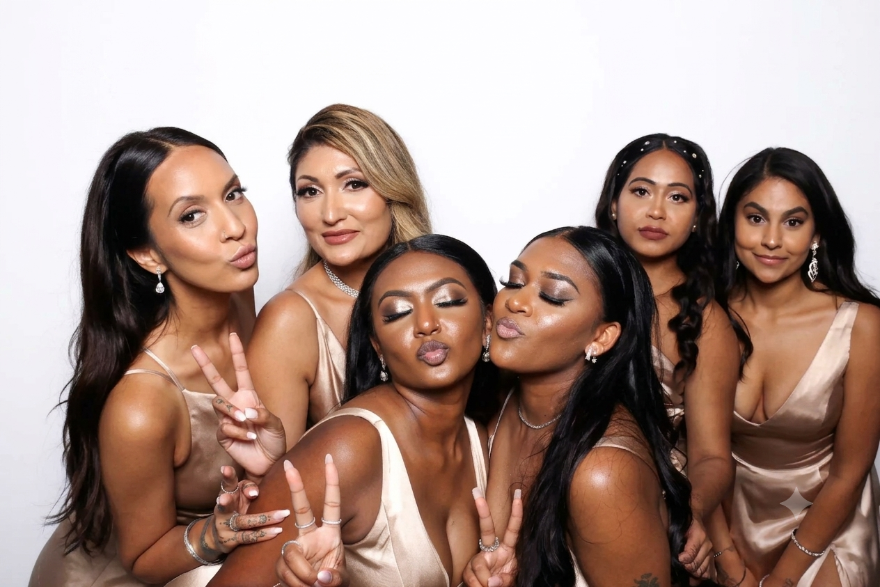Group of six women dressed in matching satin dresses taking a selfie against a plain white background.