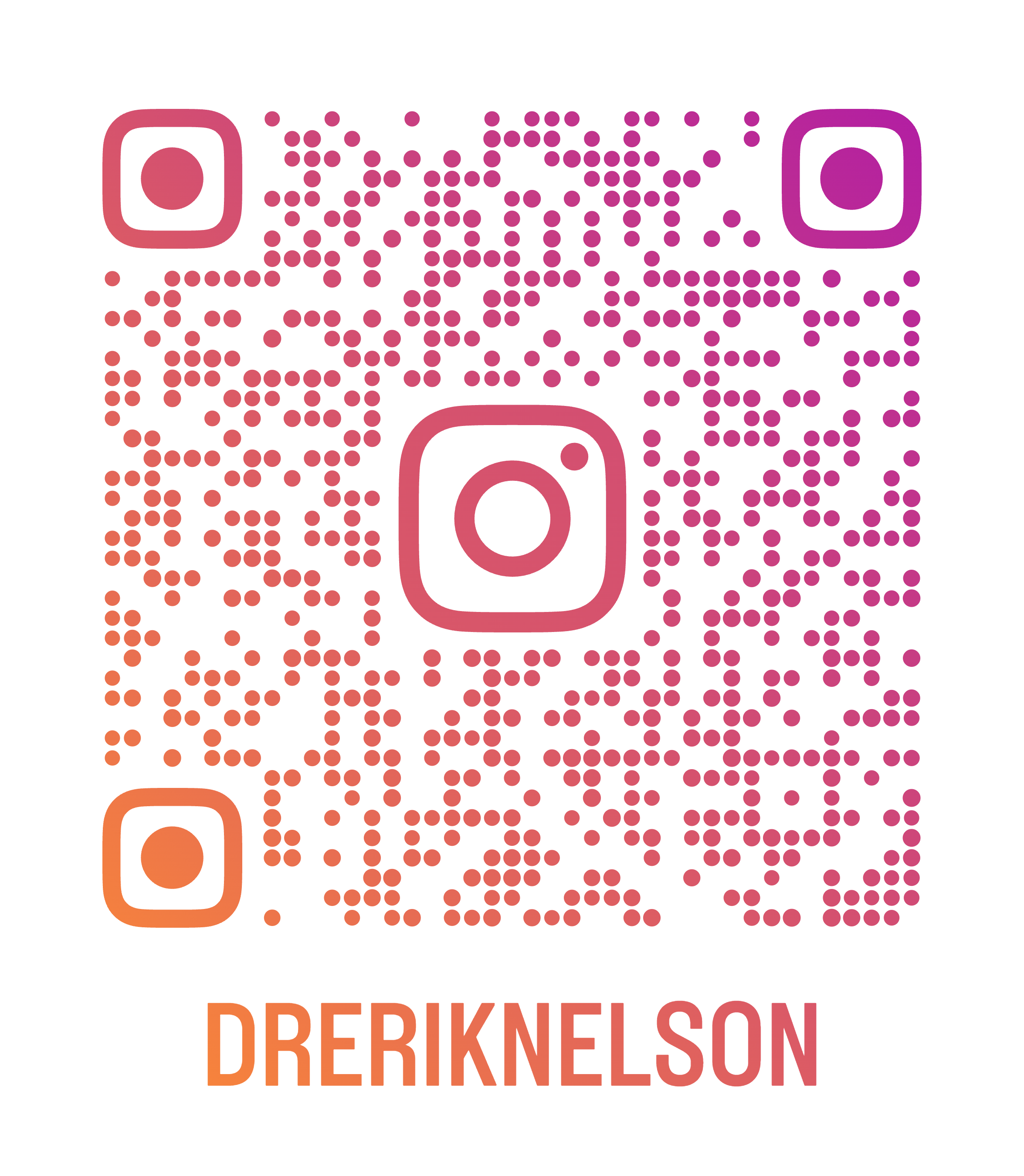 QR code for Instagram with pink and purple gradient and the text 'DREIKELSON' below it in orange.