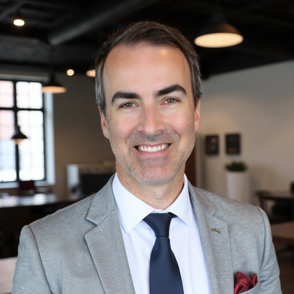 A smiling man in a light gray suit, white shirt, and navy tie, indoors in a modern office or cafe setting.