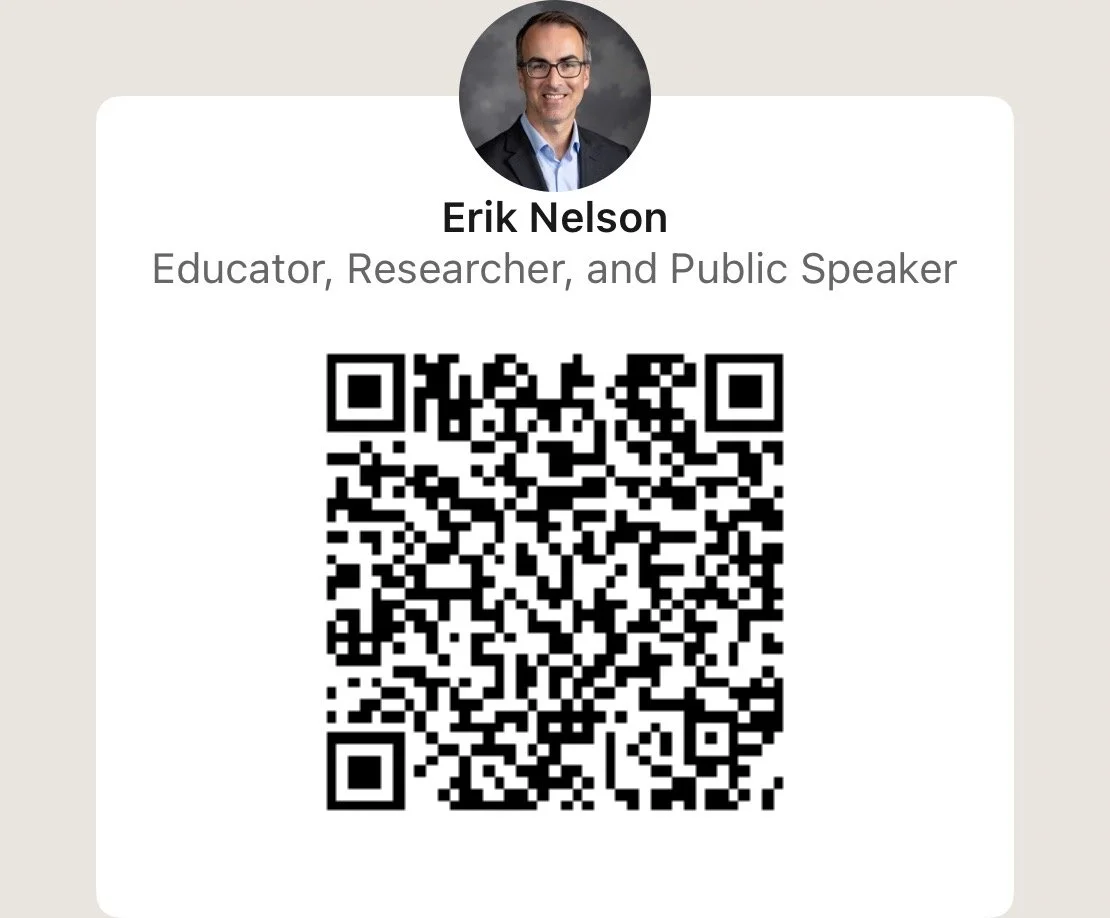 QR code for LinkedIn with a photo of Erik Nelson, who is an educator, researcher, and public speaker.