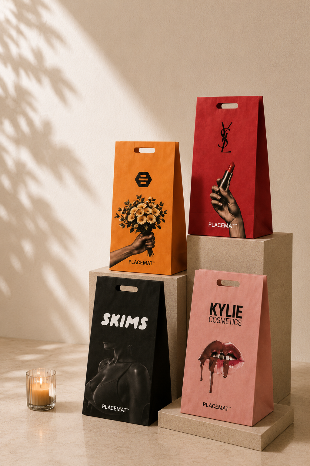 Four colorful shopping bags with brand logos and graphics, placed on stone pedestals, accompanied by a lit candle on the left.
