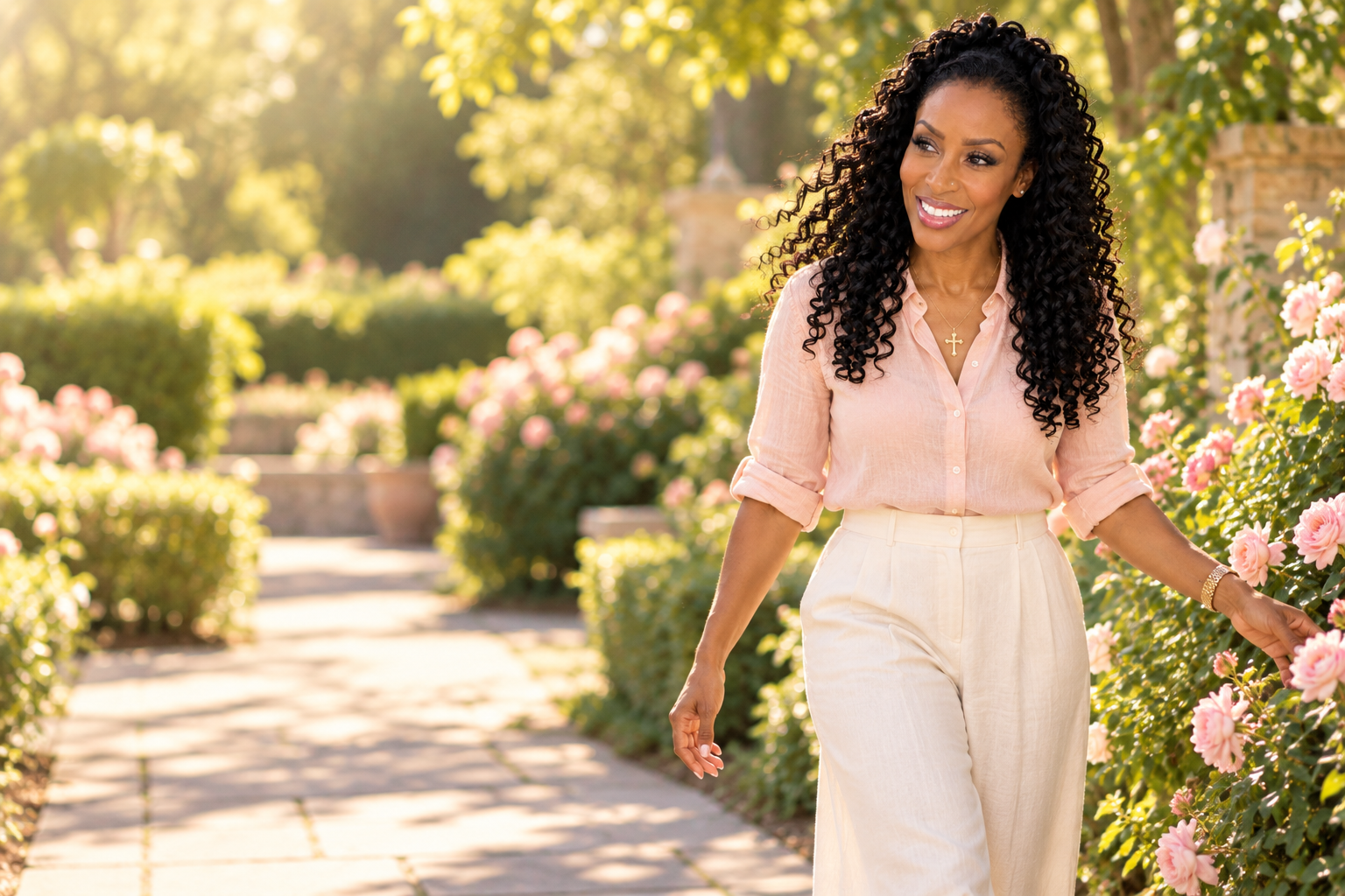 Christine Archer, psychiatric nurse practitioner, walking through a sunlit garden