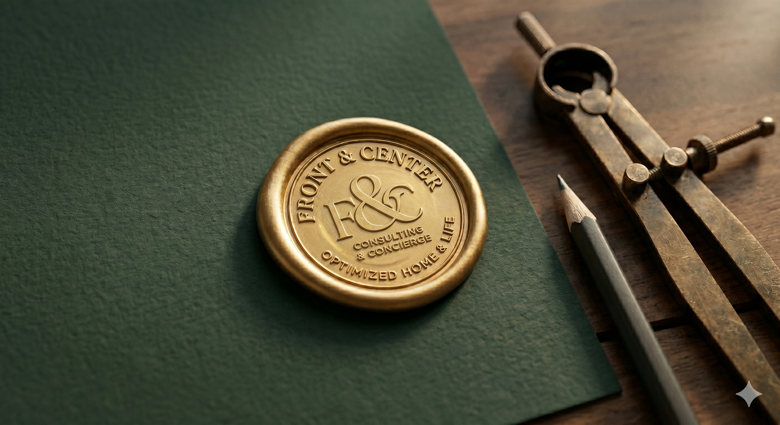 Gold embossed seal with text that reads 'Front & Center Consulting & Concierge, Optimized Home & Life' on a dark green textured paper, with a metal compass and a pencil on a wooden surface nearby.