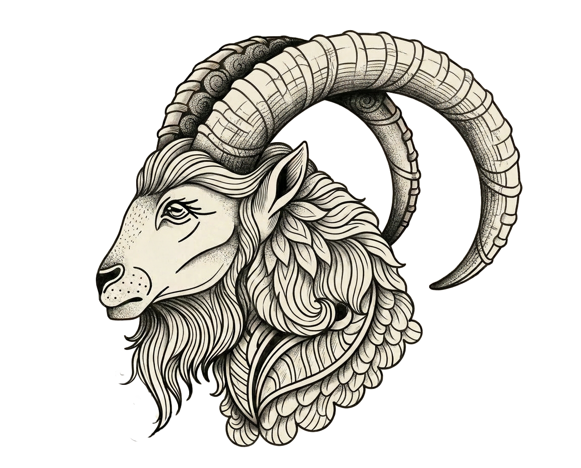 Black and white illustration of a ram's head with large curved horns and a detailed mane, resembling a tattoo design.