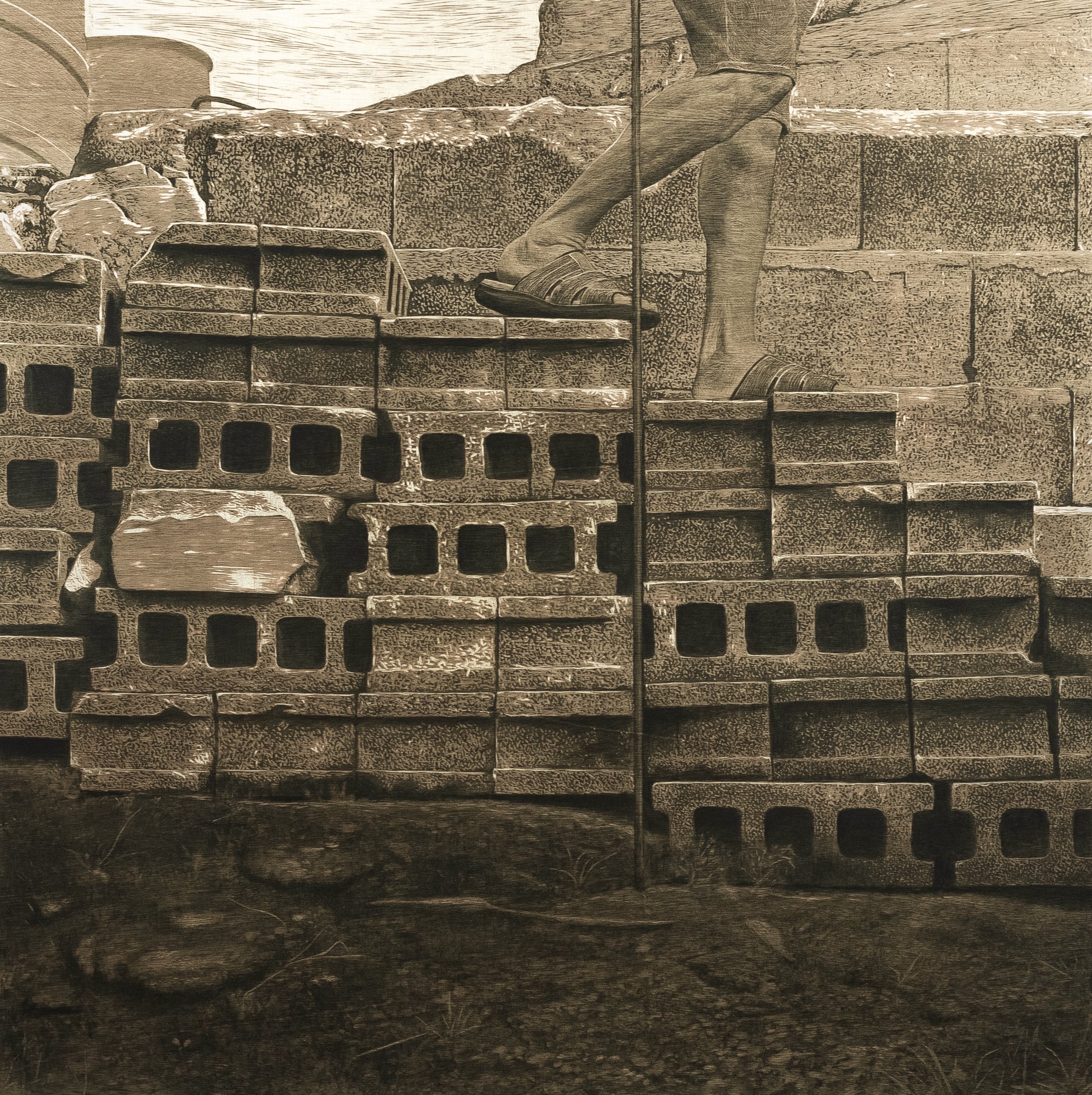 Escaleras, 2021. Woodblock - 48 x 48in. Private collection.