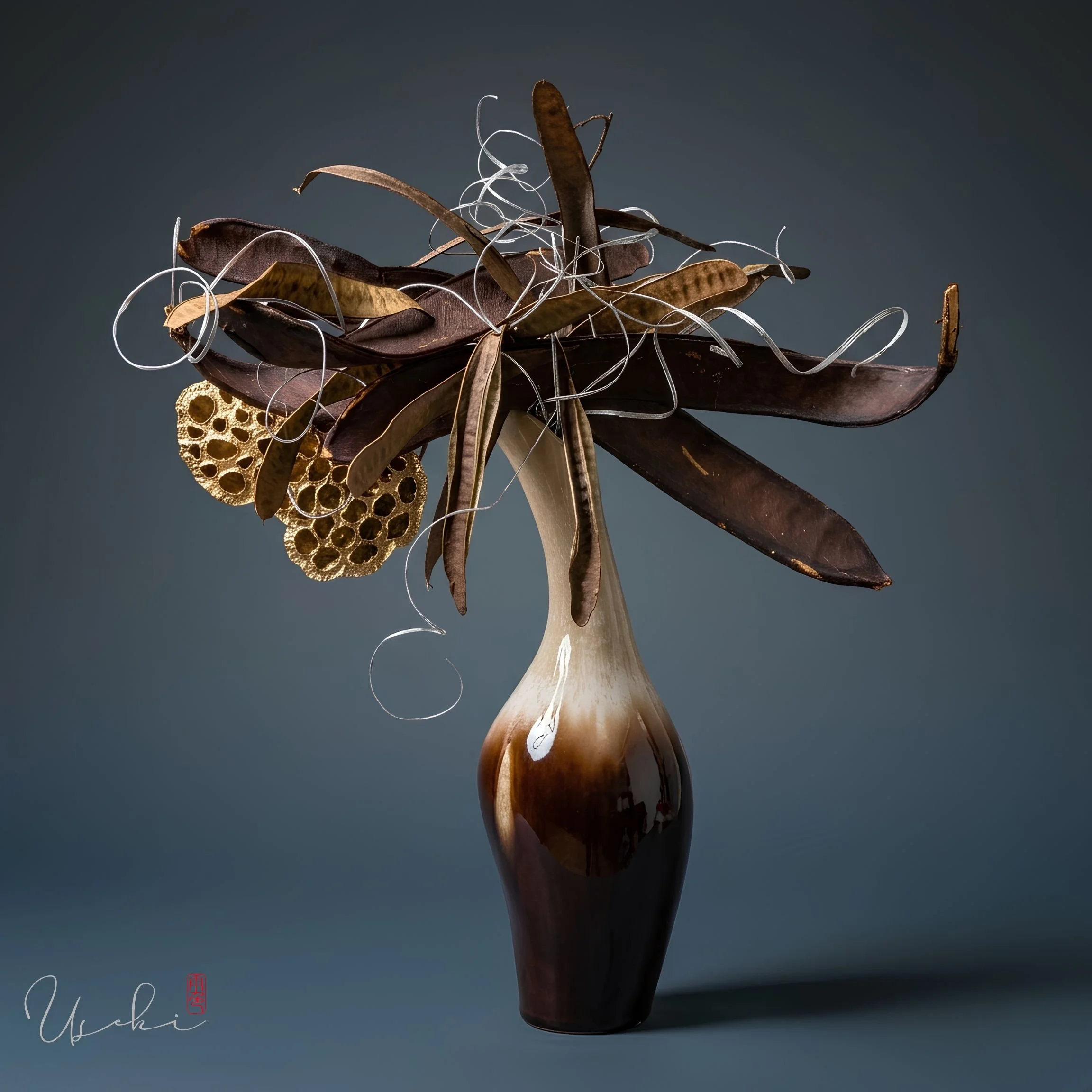 Sogetsu Ikebana highly textured seed pod sculpture with curly vines in a tall ceramic vase