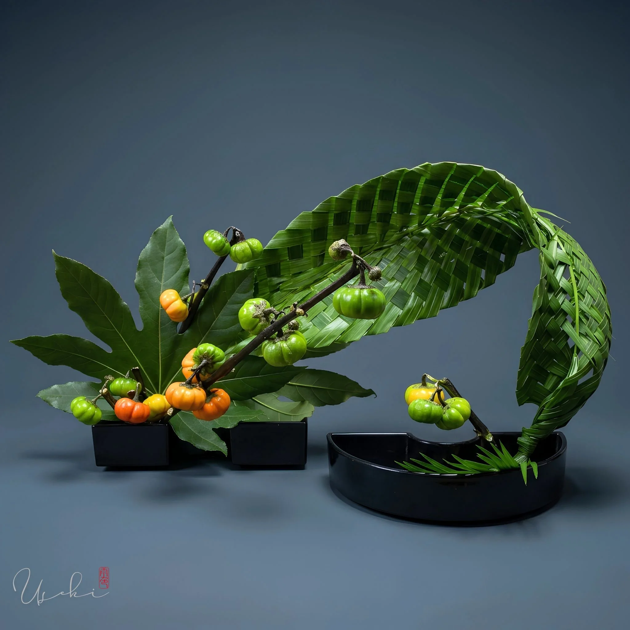 Sogetsu Ikebana artistic composition showcasing the contrast of wood and delicate petals