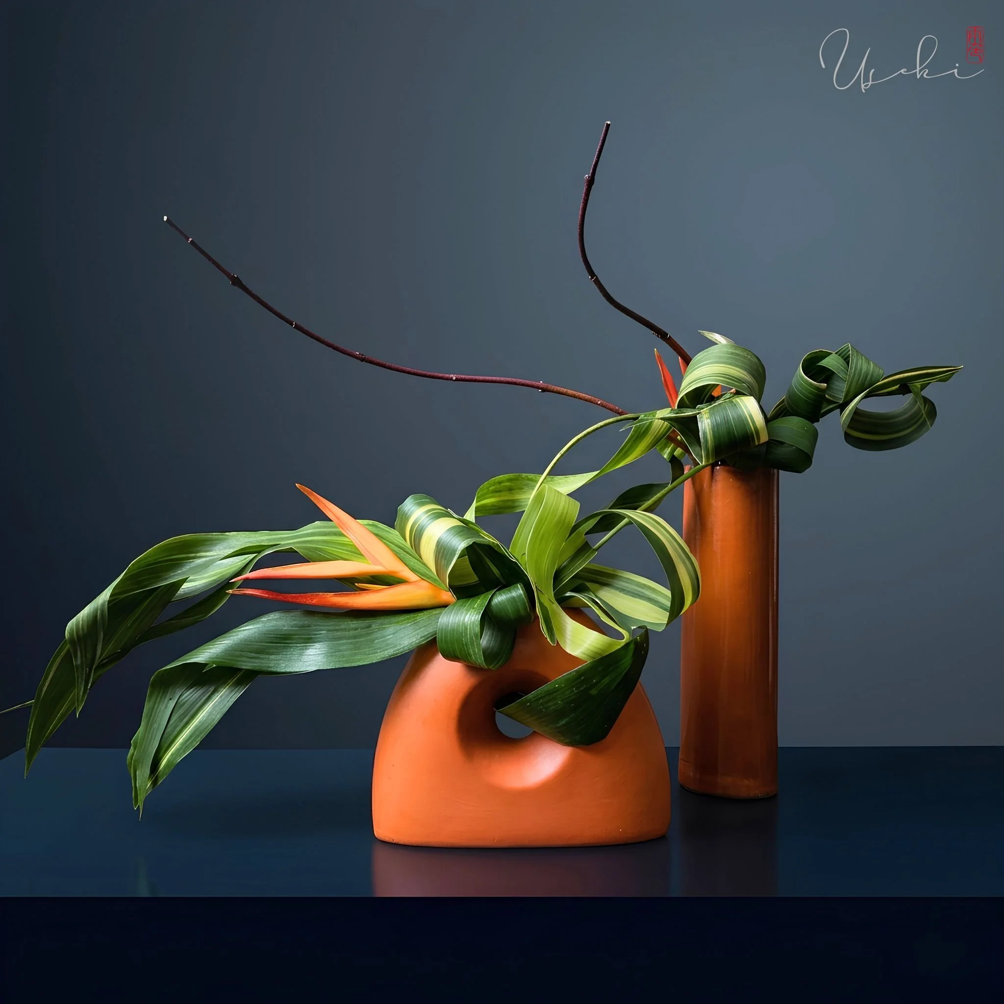 Modern Japanese floral arrangement in Sogetsu style, highlighting structural balance and minimalist elegance by USÉKI.