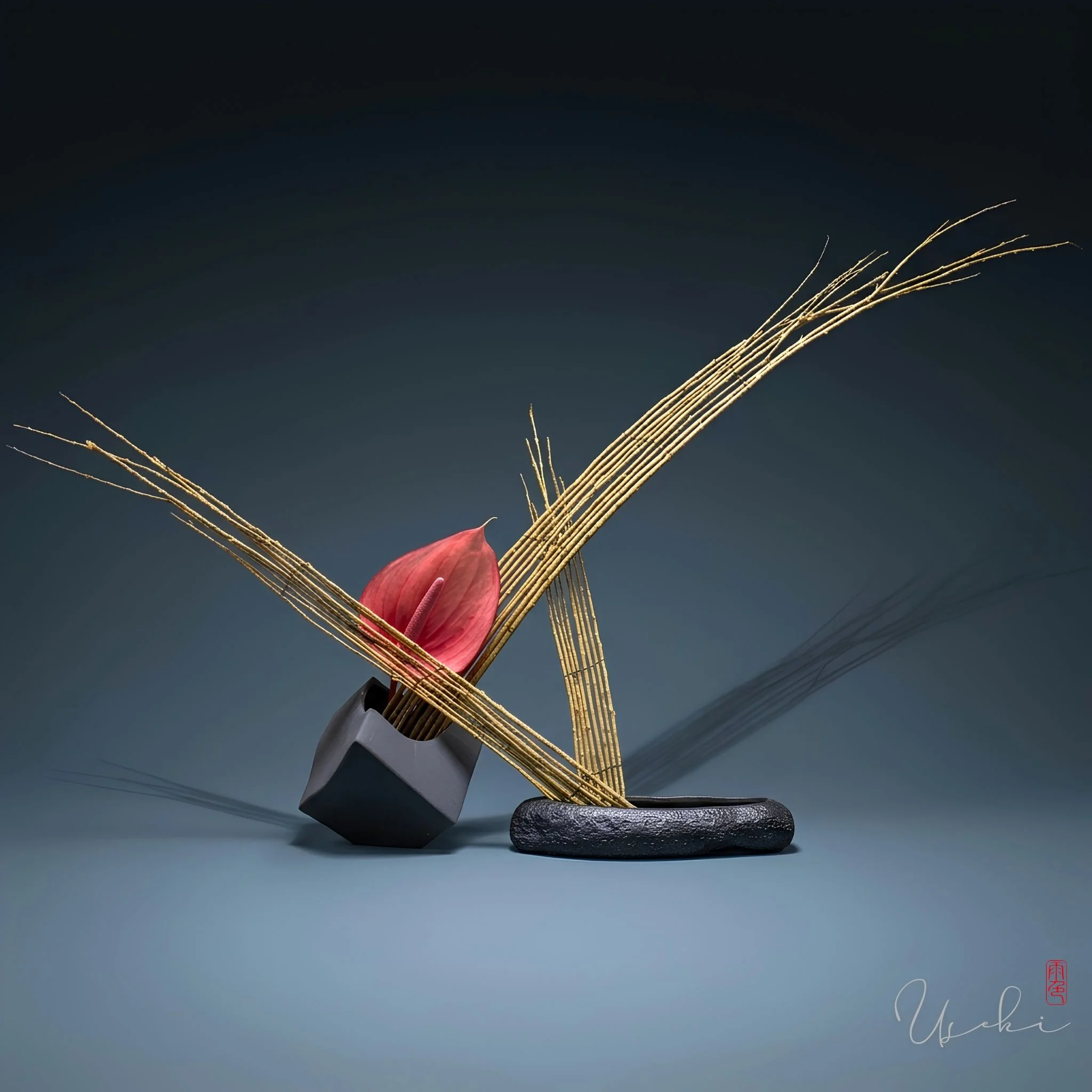 Sogetsu Ikebana bamboo line composition balancing dark mass and sharp diagonal lines