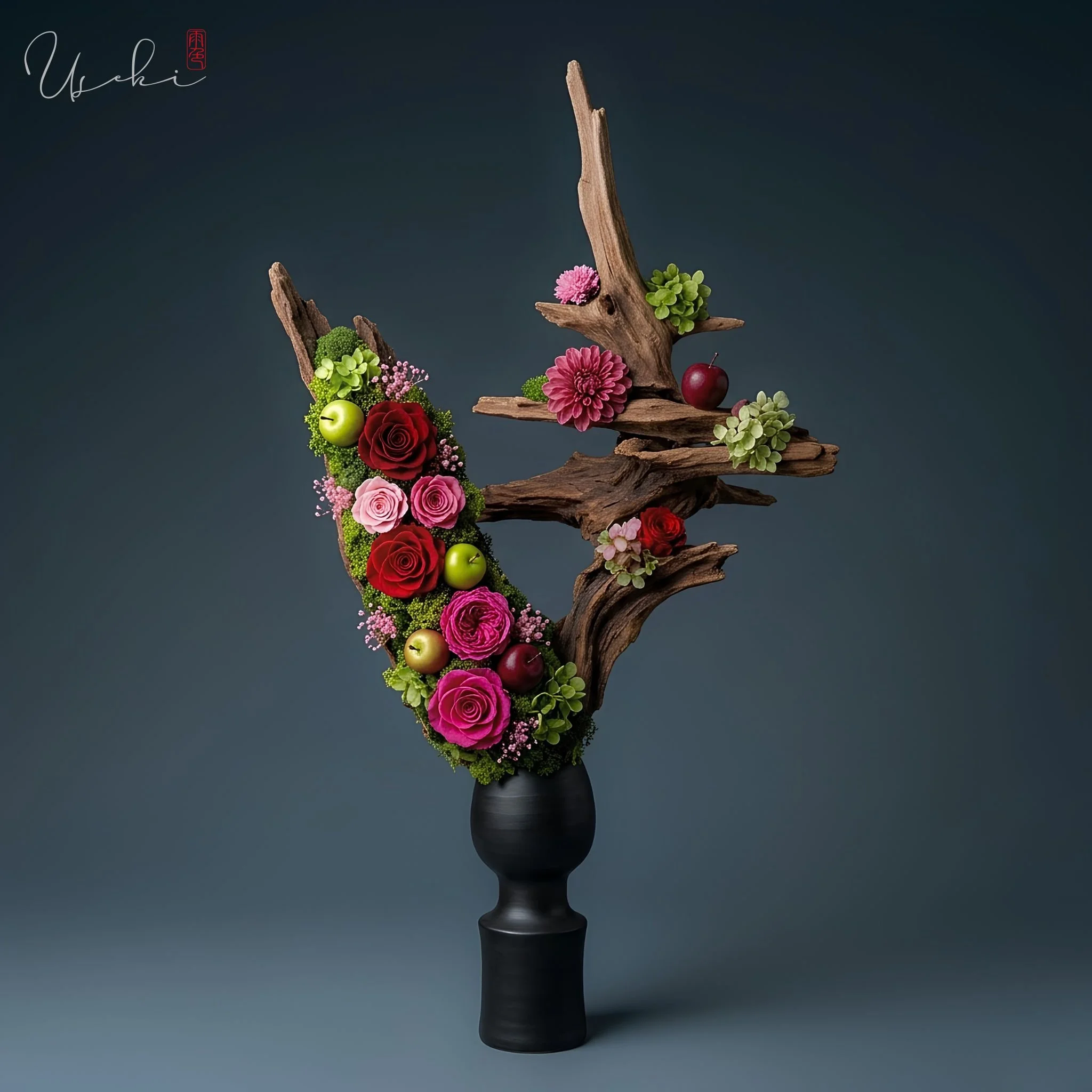 Artistic preserved flower and driftwood sculpture, demonstrating clean lines, negative space, and Japanese floral artistry by USÉKI.