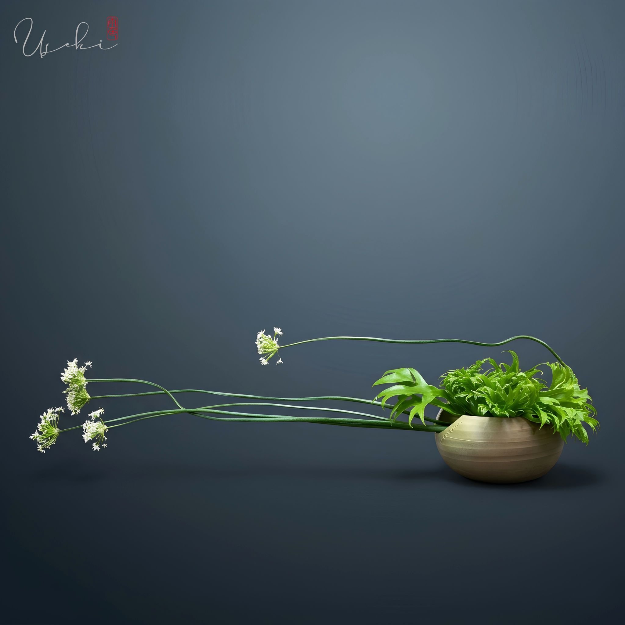 Sogetsu Ikebana low horizontal grass composition with tiny white flowers in a golden bowl