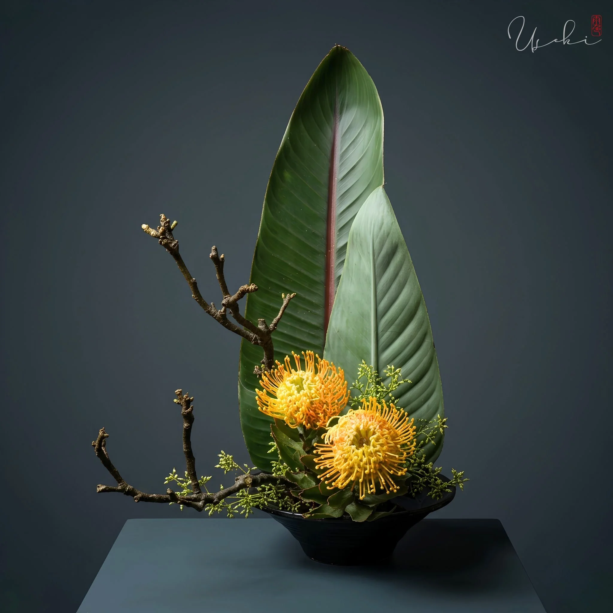 Artistic floral sculpture using natural elements, embodying the modern Sogetsu Ikebana spirit by USÉKI.