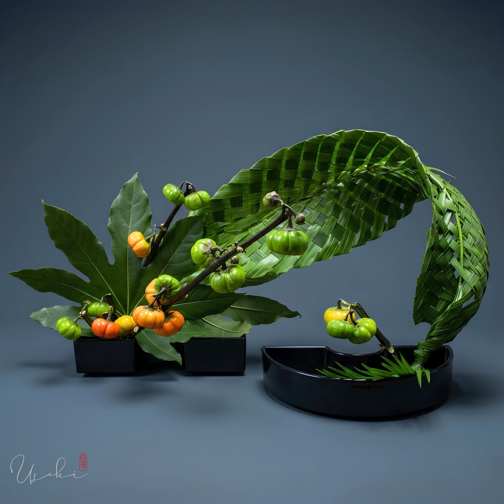 Sogetsu Ikebana creative sweeping green leaf curve featuring yellow and orange berries
