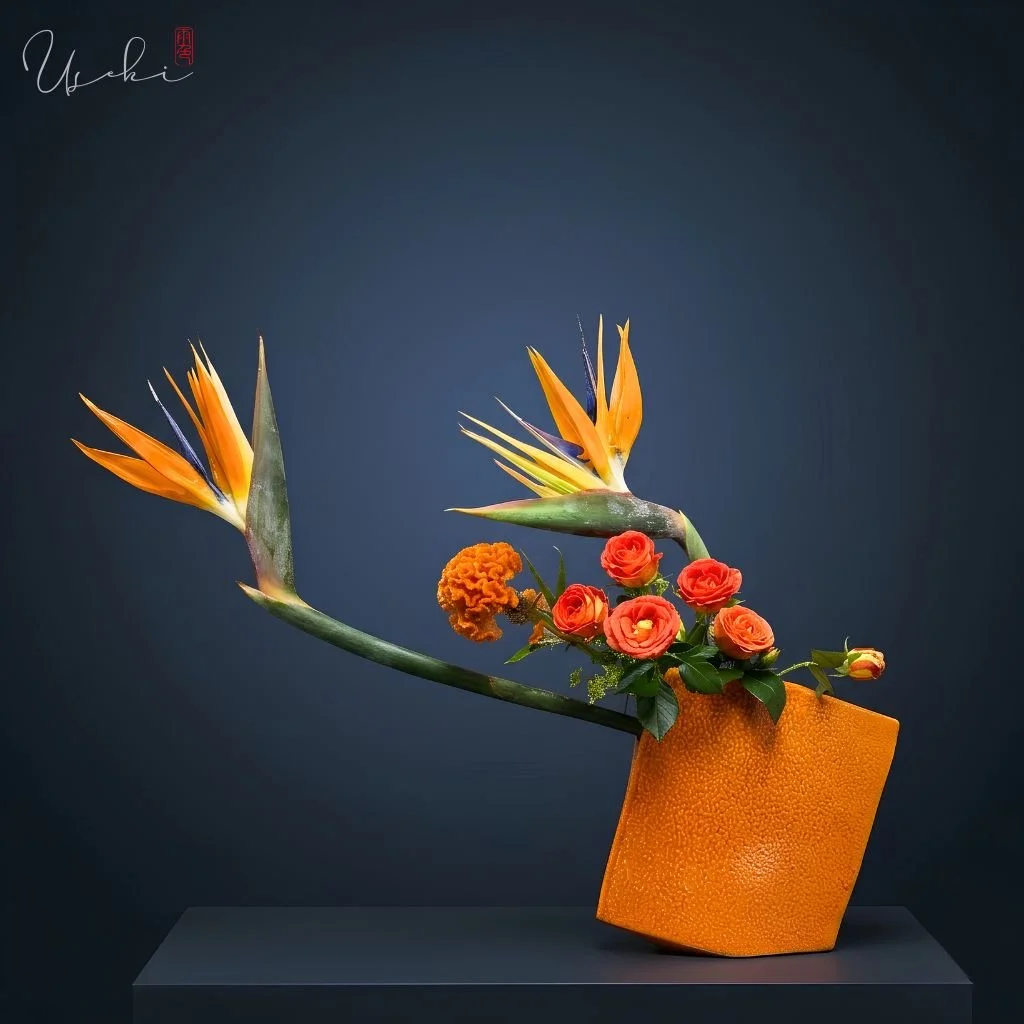Sogetsu Ikebana serene minimalist arrangement featuring unique focal blossoms