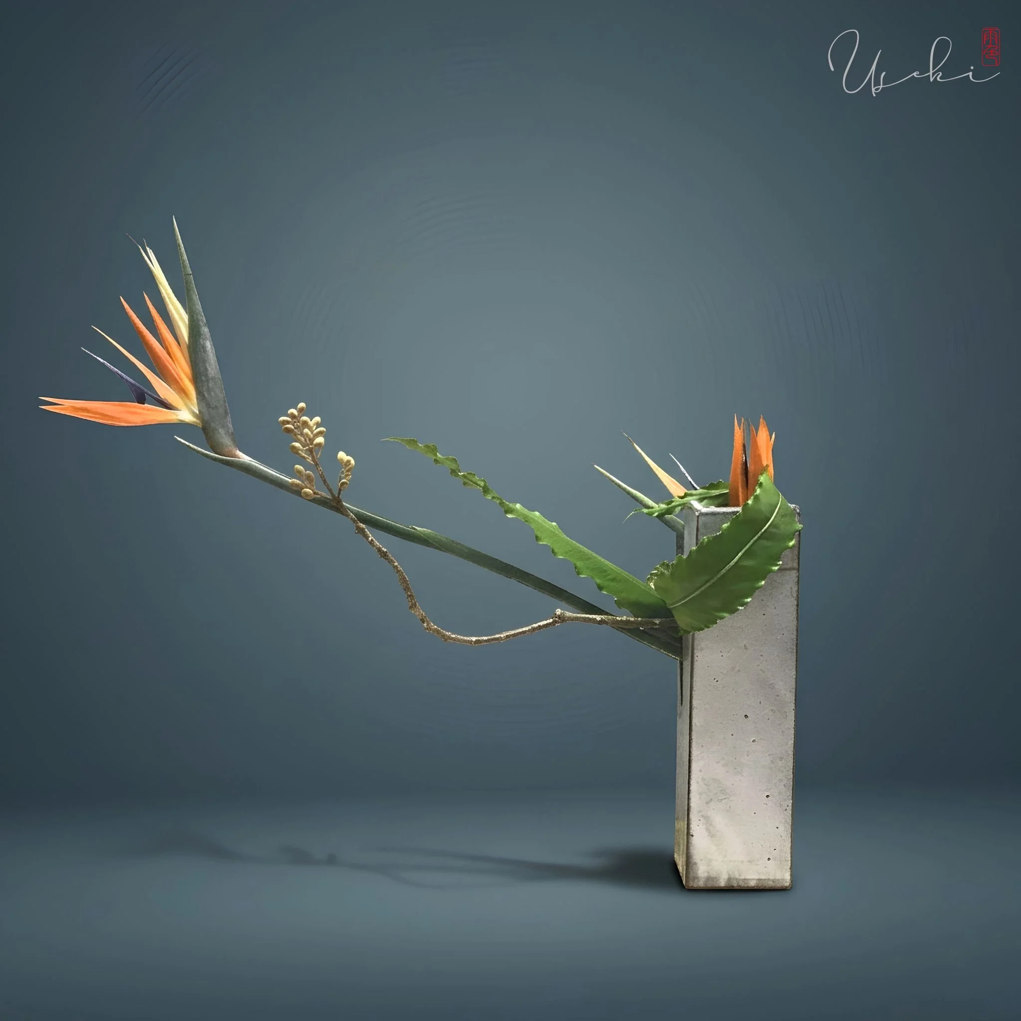 Sogetsu Ikebana elegant floral design with minimalist branches and vibrant blossoms