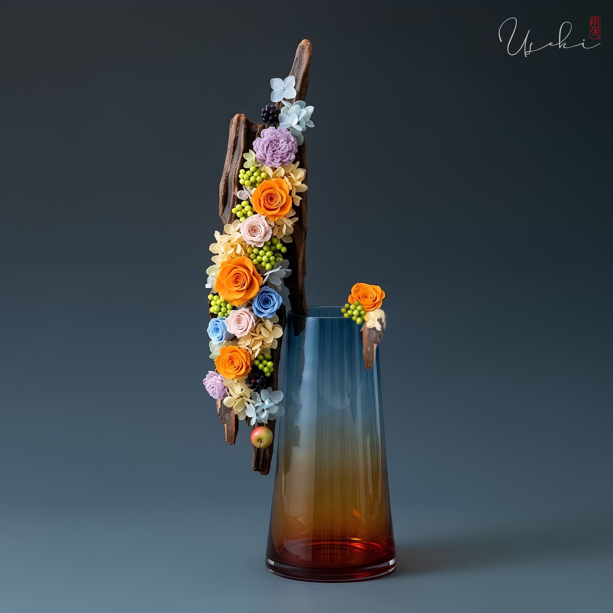 Contemporary preserved flower arrangement on driftwood, designed with vibrant colorful roses and structural balance in a modern Sogetsu Ikebana style.