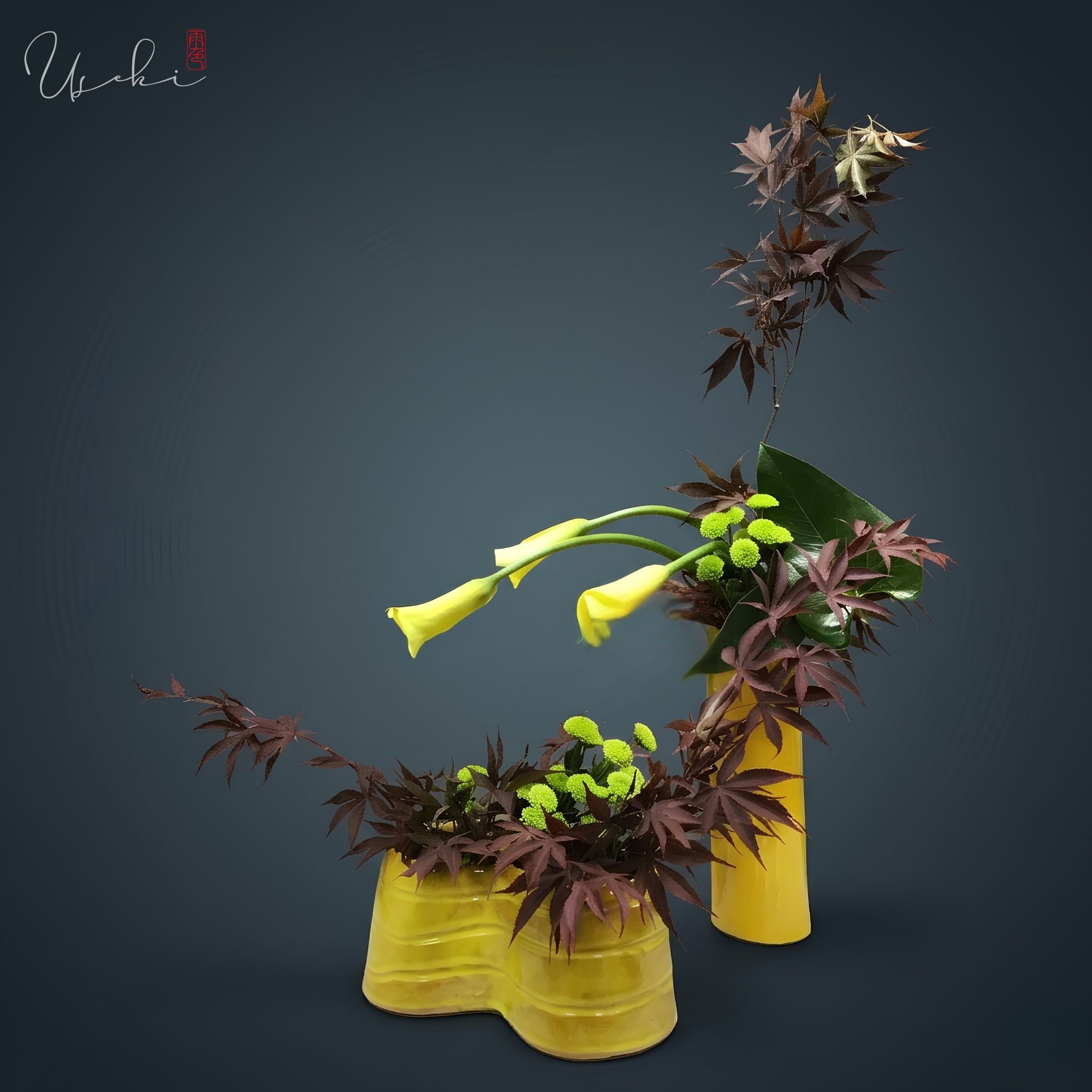 Sogetsu Ikebana tiered yellow vase installation featuring hanging wisteria and dark maple leaves