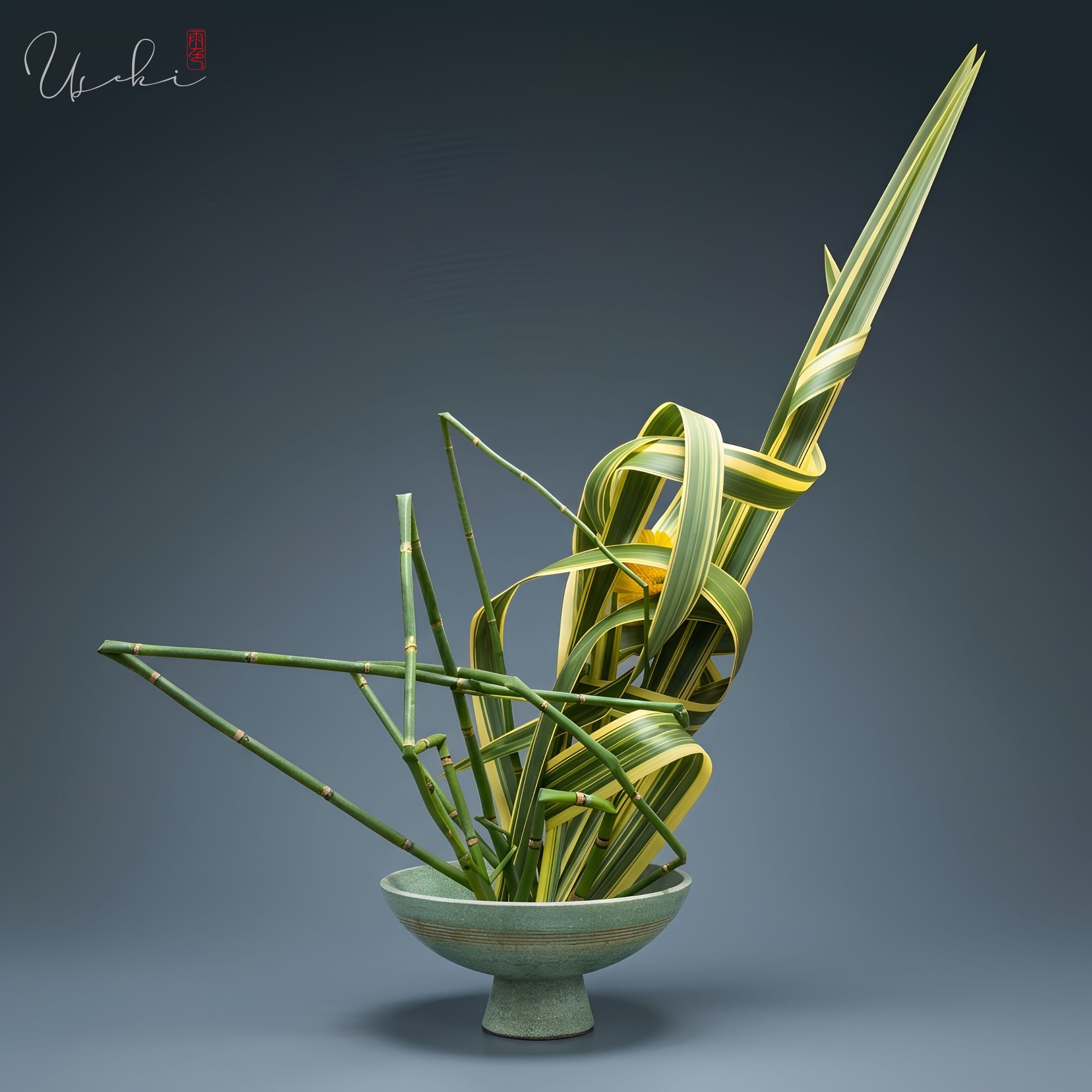 Sogetsu Ikebana geometric line intersection with patterned green and yellow striped leaves